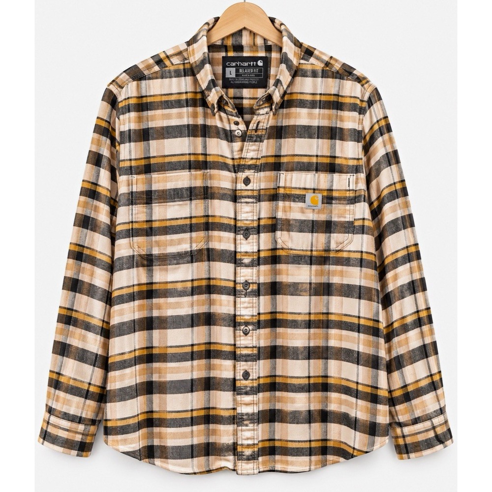 Carhartt Relaxed Fit Men's Beige/Black/Yellow Plaid Flannel Shirt L